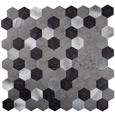 Apollo Tile Sample, 1.25" Silver/Grey/Black Hexagon 11.25"X11.25" Peel&Stick Tile TCPLST9903 Sample